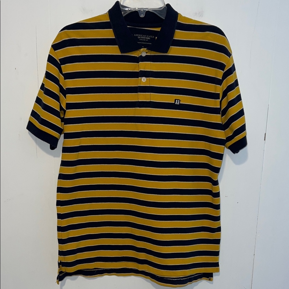 American Eagle Outfitters Yellow Blue Striped Polo Rugby Short Sleeve 03132611